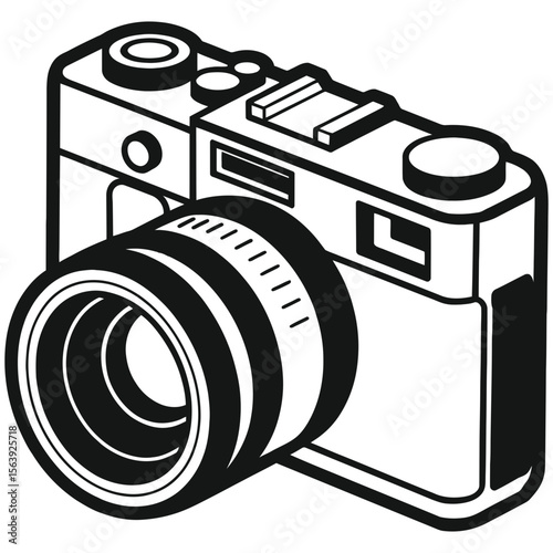 Illustration of a black and white camera with lens