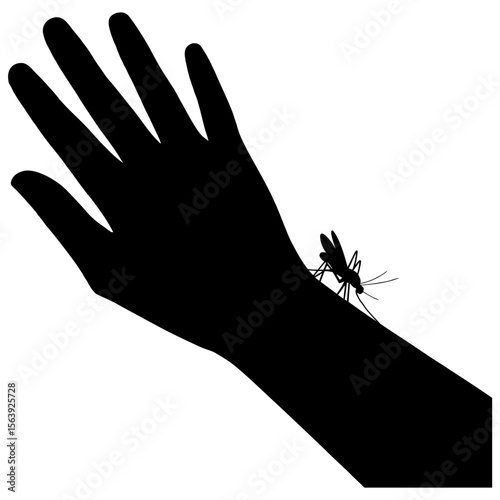Silhouette of a mosquito biting a human hand arm