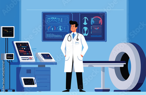 Confident Doctor in Modern Hospital Setting Vector Illustration