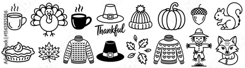 Fall, Thanksgiving, and cozy seasonal elements like turkey, pumpkin, sweaters, and warm drinks, black and white doodle vector icons