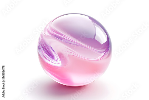 A transparent pink crystal sphere with a glossy surface shows light and reflection, like a shiny bubble or pearl