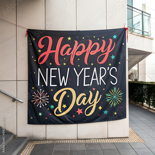 Festive happy new year s day banner with stars and fireworks displayed outdoors