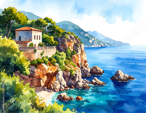 Mediterranean coastal villa perched on dramatic cliffs overlooking a tranquil turquoise sea.