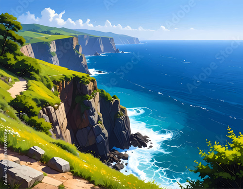 Coastal path winds along dramatic cliffs overlooking a vibrant ocean under a bright, sunny sky.