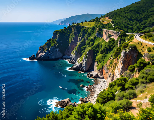 Scenic view of a rocky coastline with turquoise water, lush green vegetation, and a winding road along the cliffs.