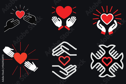 Create a black background vector image showing one hand passing a red heart to another hand below