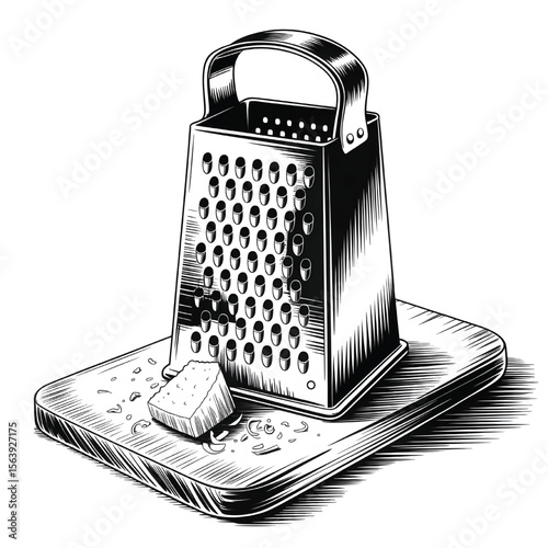 Black and White Grater with Cheese Block - Detailed Vector Illustration