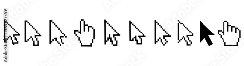 Pixelated pointer cursors and hand icons pixel art computer icon