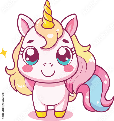 Cute kawaii unicorn character. Adorable cartoon pony with rainbow mane and tail, smiling. Vector illustration isolated on white background for kids.
