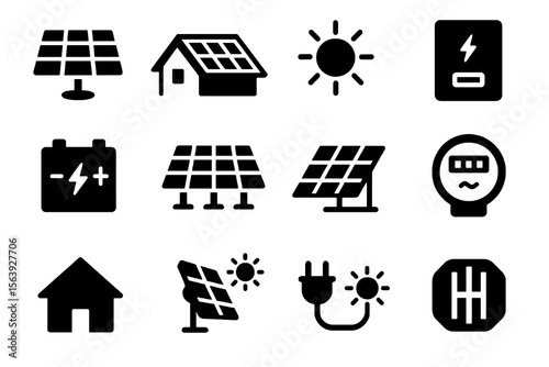 12 black solar energy icons on white. Vector for clean power, rooftop panels, and sustainability.