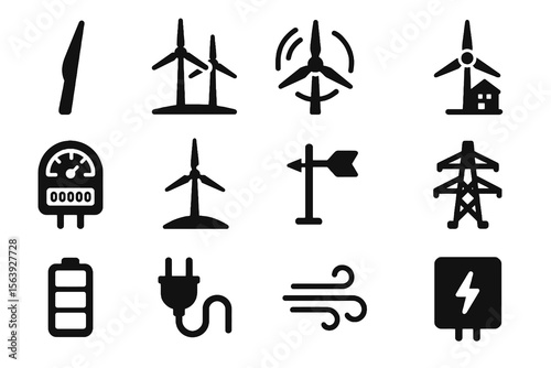 Black icons on white background for wind turbines. Minimal vector for clean energy themes.
