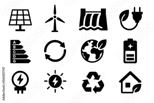 12 black clean energy icons on white. Vector for sustainable power and green living.