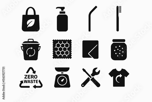 Black icons on white background for reuse and eco-friendly choices. Minimal vector for zero waste design.