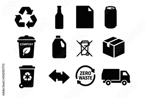 12 black recycling icons on white. Vector for waste sorting, zero waste, and sustainability.