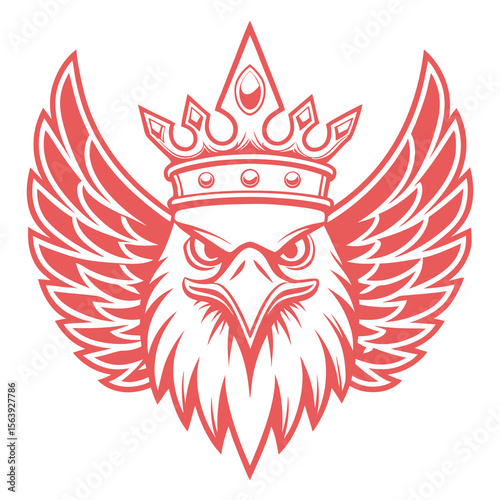 Red eagle head wearing a crown with wings artistic illustration suitable for emblems and logos.