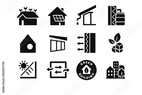 12 black sustainable building icons on white. Vector for green architecture and eco design.