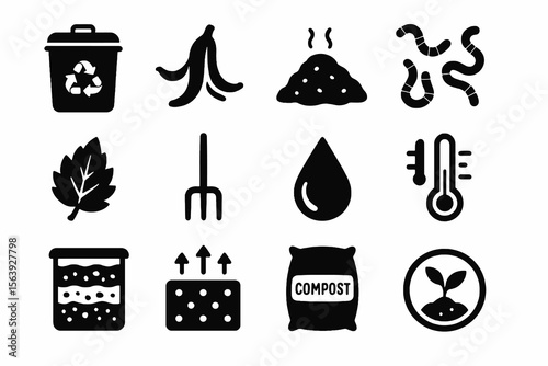 Black icons on white background for organic recycling. Minimal vector set for green living.
