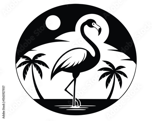 Elegant black and white illustration of a flamingo standing near palm trees in a tropical circle scene.
