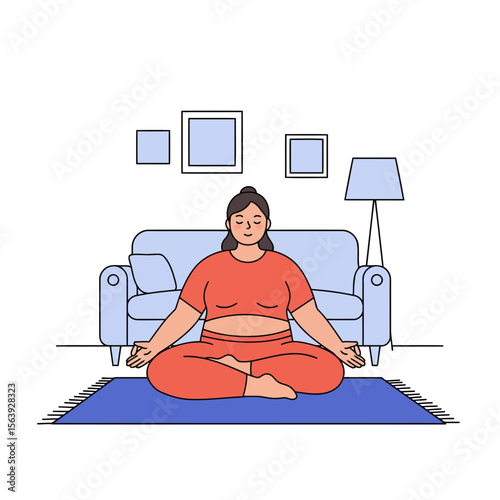 Plus-Size Serenity: Woman practices serene yoga in living room for health and fitness, clad in sportswear, radiates tranquility, and strength.