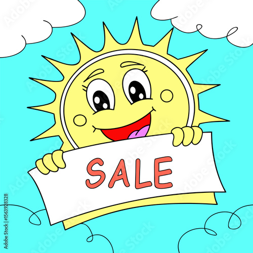 Cheerful cartoon sun character holding a sign with the word sale written on it against a bright blue sky with clouds