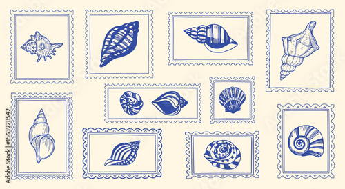 Vintage Seashell Postage Stamp Set. Hand drawn nautical illustrations for scrapbooking, posters, or travel-themed designs. Marine life vector graphics.