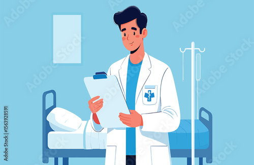 Doctor reviewing patient chart in hospital room vector illustration