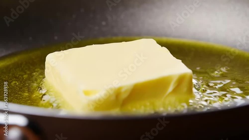 Golden block of butter melts and sizzles in a dark nonstick pan, filling it with hot, liquid oil