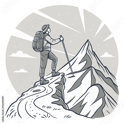 A lone hiker with a backpack and trekking pole stands triumphantly on a mountain peak gazing at the sky