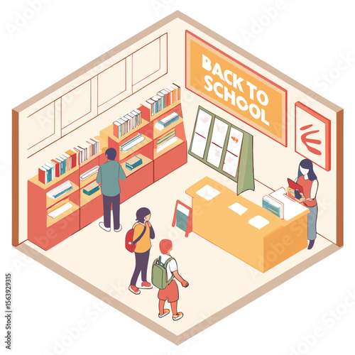 Isometric view of a school library or bookstore with students and a librarian interacting with bookshelves and a counter during back to school season