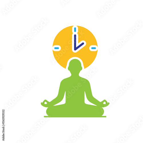 Mindfulness icon. meditation timer. person sitting lotus with clock behind. mental health, calmness, exercise. Flat design style