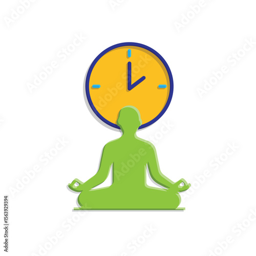 Mindfulness icon. meditation timer. person sitting lotus with clock behind. mental health, calmness, exercise. isometric design style