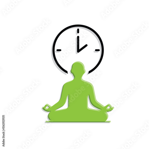 Mindfulness icon. meditation timer. person sitting lotus with clock behind. mental health, calmness, exercise. Mixed design style