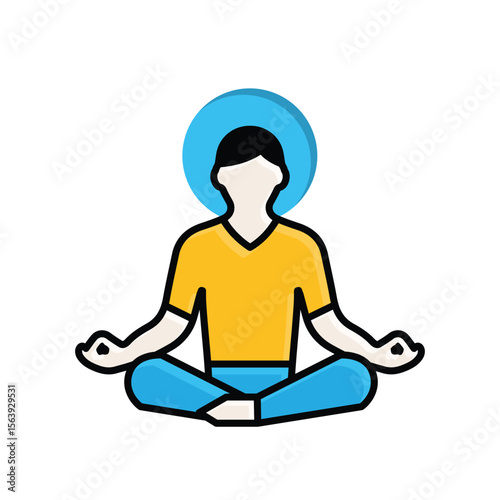 Mindfulness icon. Meditation and yoga. Lotus sitting person with circular aura. Mental health, calmness, sport. Isometric design style