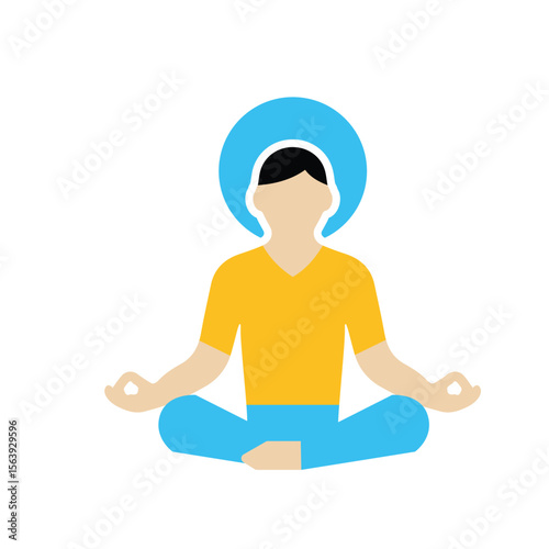 Mindfulness icon. Meditation and yoga. Lotus sitting person with circular aura. Mental health, calmness, sport. Flat design style