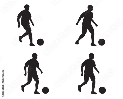 Silhouette illustrations of a soccer player kicking a ball in various action poses against a white background.