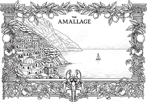 Amalfi Coast View. Vintage engraving illustration in an ornate decorative frame with lemons and lobster. Vector art for travel posters or coloring pages.