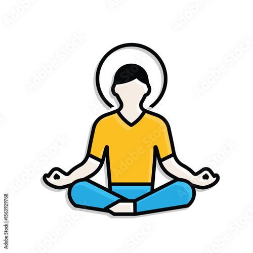 Mindfulness icon. Meditation and yoga. Lotus sitting person with circular aura. Mental health, calmness, sport. Mixed design style