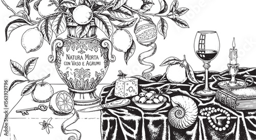 Classic Still Life. "Natura Morta." Vintage engraving style vector illustration with lemons, wine, and cheese. Concept of abundance and classic art.