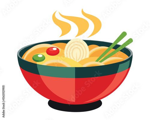 Delicious steaming bowl of asian ramen noodles with chopsticks and fresh ingredients on white background.