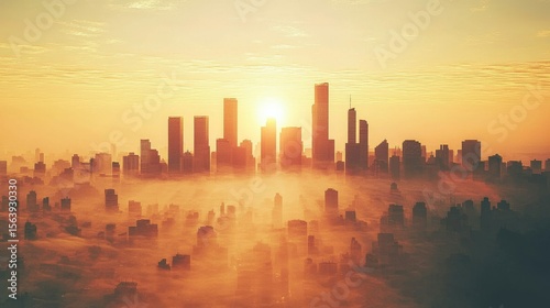 Golden Cityscape Sunrise Over Foggy Urban Landscape, cityscape ,sunrise