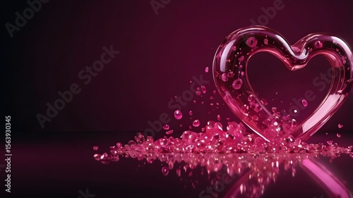 Elegant Glossy Pink Love Illustration with Neon Light on Heart Element on Dark Pink Background
