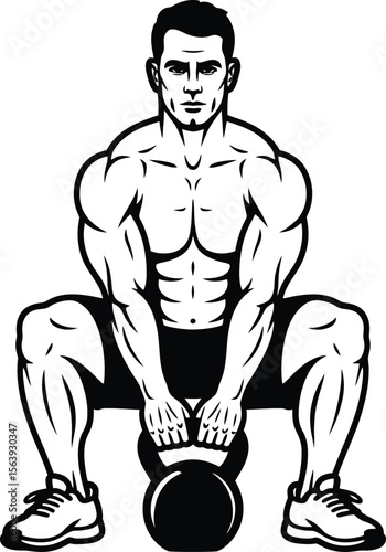 Muscular Man Kettlebell Workout: Fitness, Strength Training, Bodybuilding Illustration.