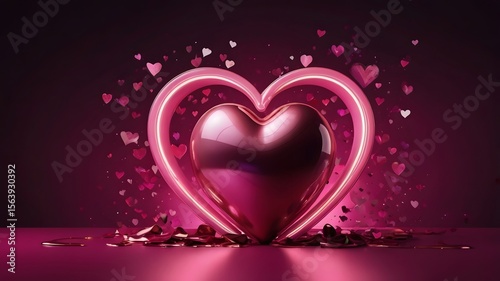 Elegant Glossy Pink Love Illustration with Neon Light on Heart Element on Dark Pink Background