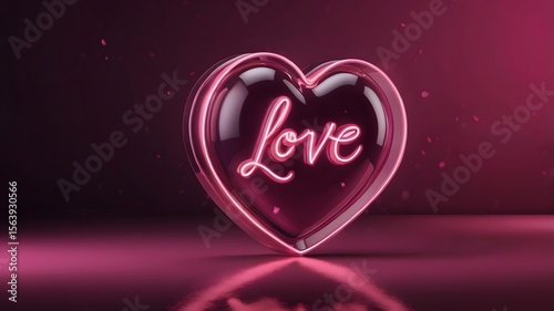 Elegant Glossy Pink Love Illustration with Neon Light on Heart Element on Dark Pink Background