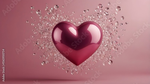 Elegant Glossy Pink Love Illustration with Neon Light on Heart Element on Dark Pink Background