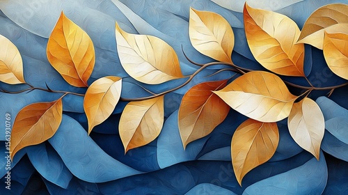 Golden Leaves on Blue Abstract Background, art , autumn