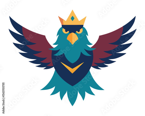 Majestic bird illustration featuring a royal crown and spreading wings in a vibrant geometric style.