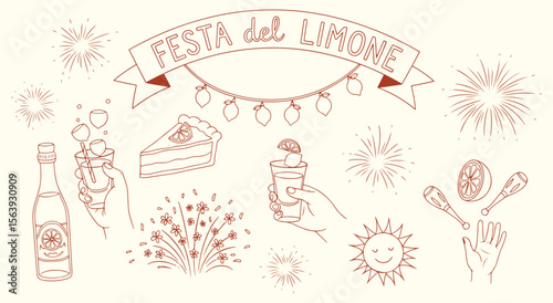 Festa del Limone. Italian lemon festival doodle set. Hand drawn vector line art with limoncello and fireworks for summer party posters or menus.