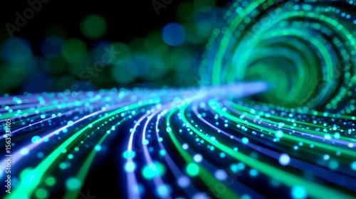 Abstract visualization of high-speed fiber optic data transmission in glowing digital tunnel.
