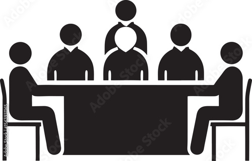 Group of people sitting around a table in a meeting silhouette isolated on white background